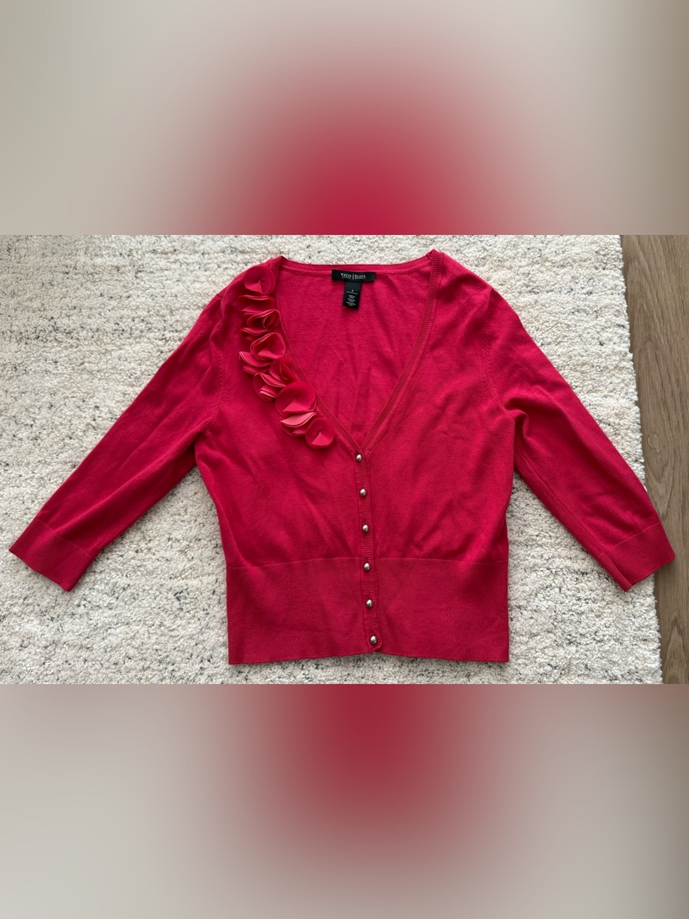 White House Black Market s Small Pink Red Floral Ruffle Cardigan Sweater 3/4 slv